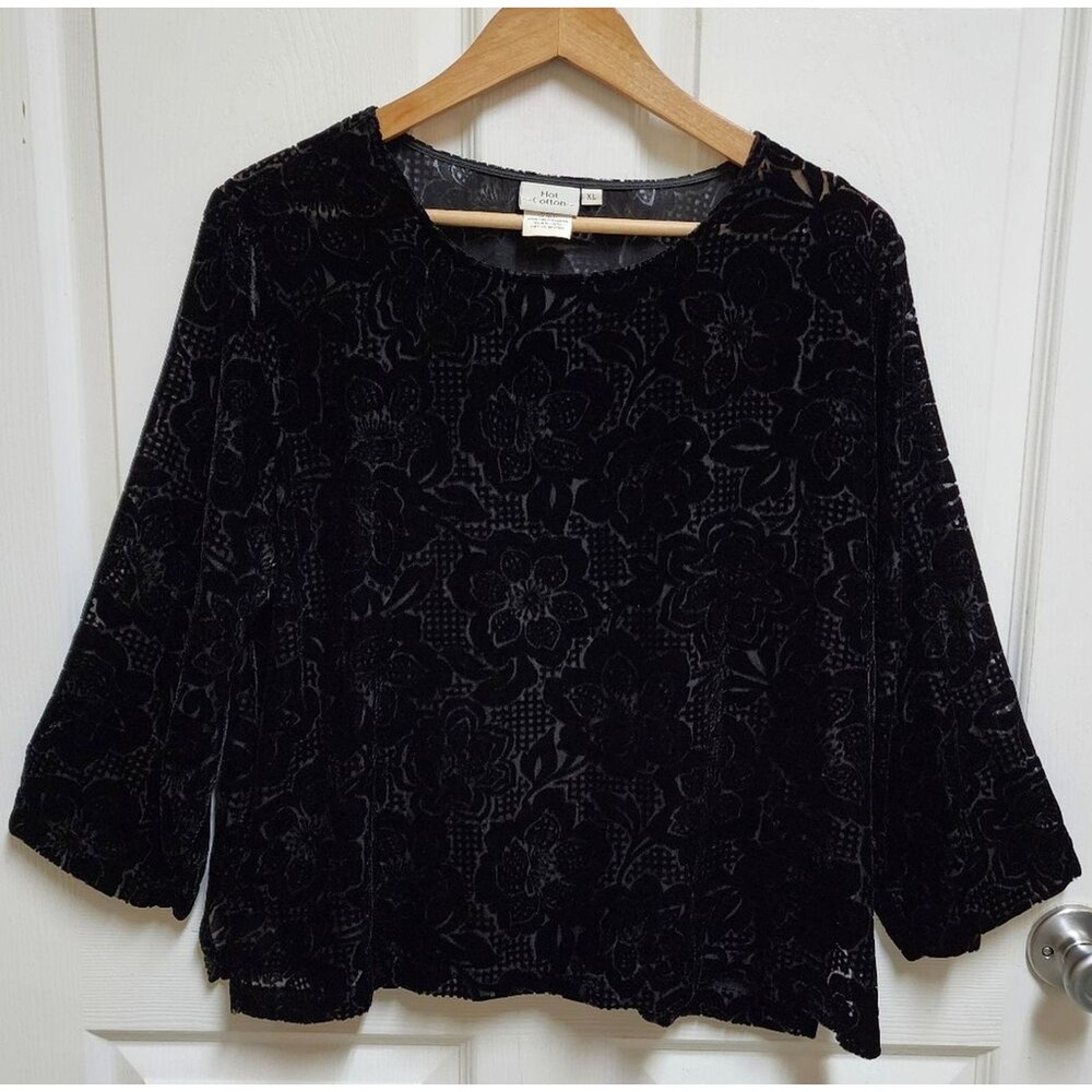 Hot Cotton Womens Black Floral Velvet Burnout Stretch 3/4 Sleeve Top Size XL
